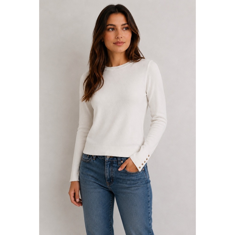 Zara Knit White Crewneck Sweater with Snap Button Uneven Cuffs Size Small
